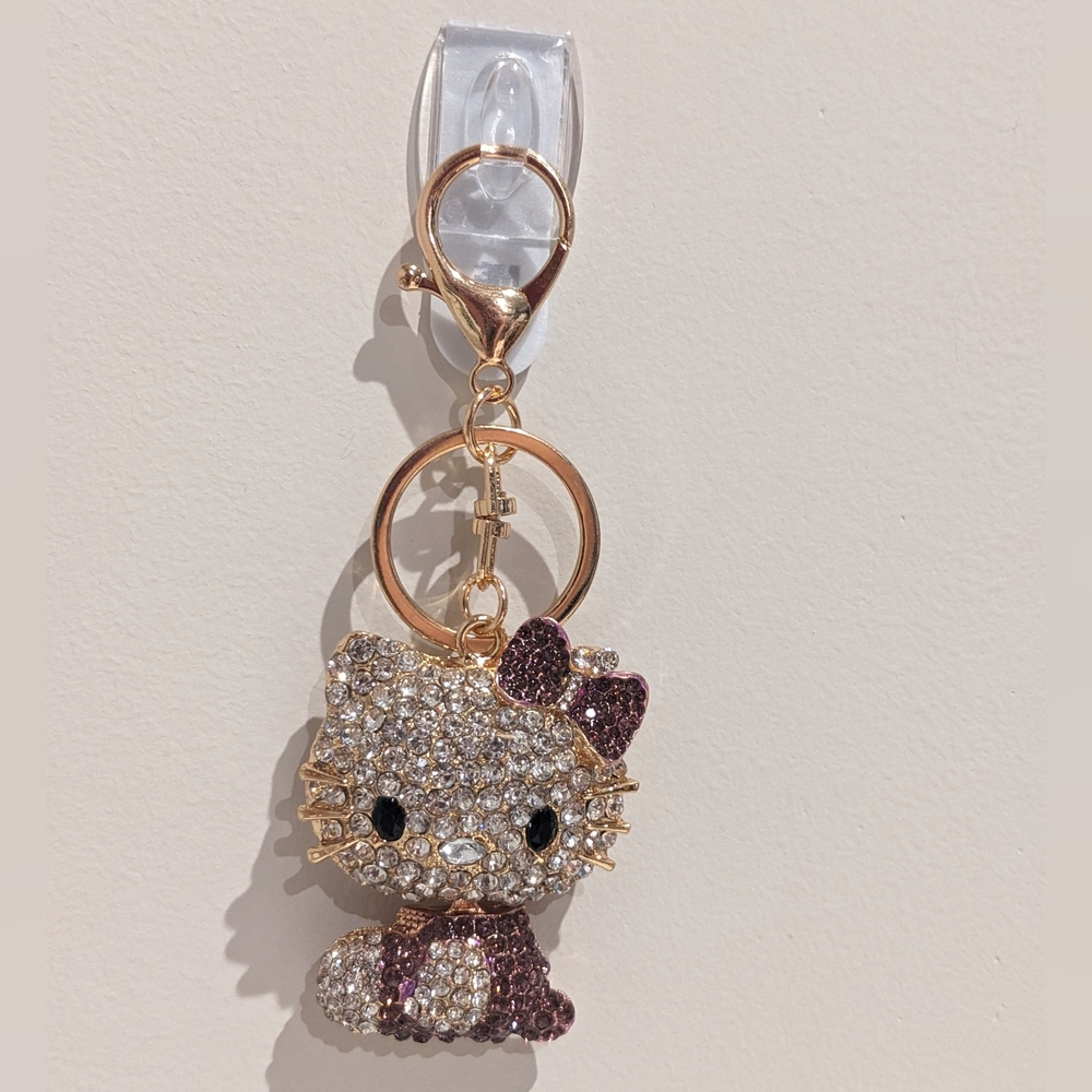 Hello Kitty Bling Rhinestone Keychain Bag Charm With Purple Accents, NEW